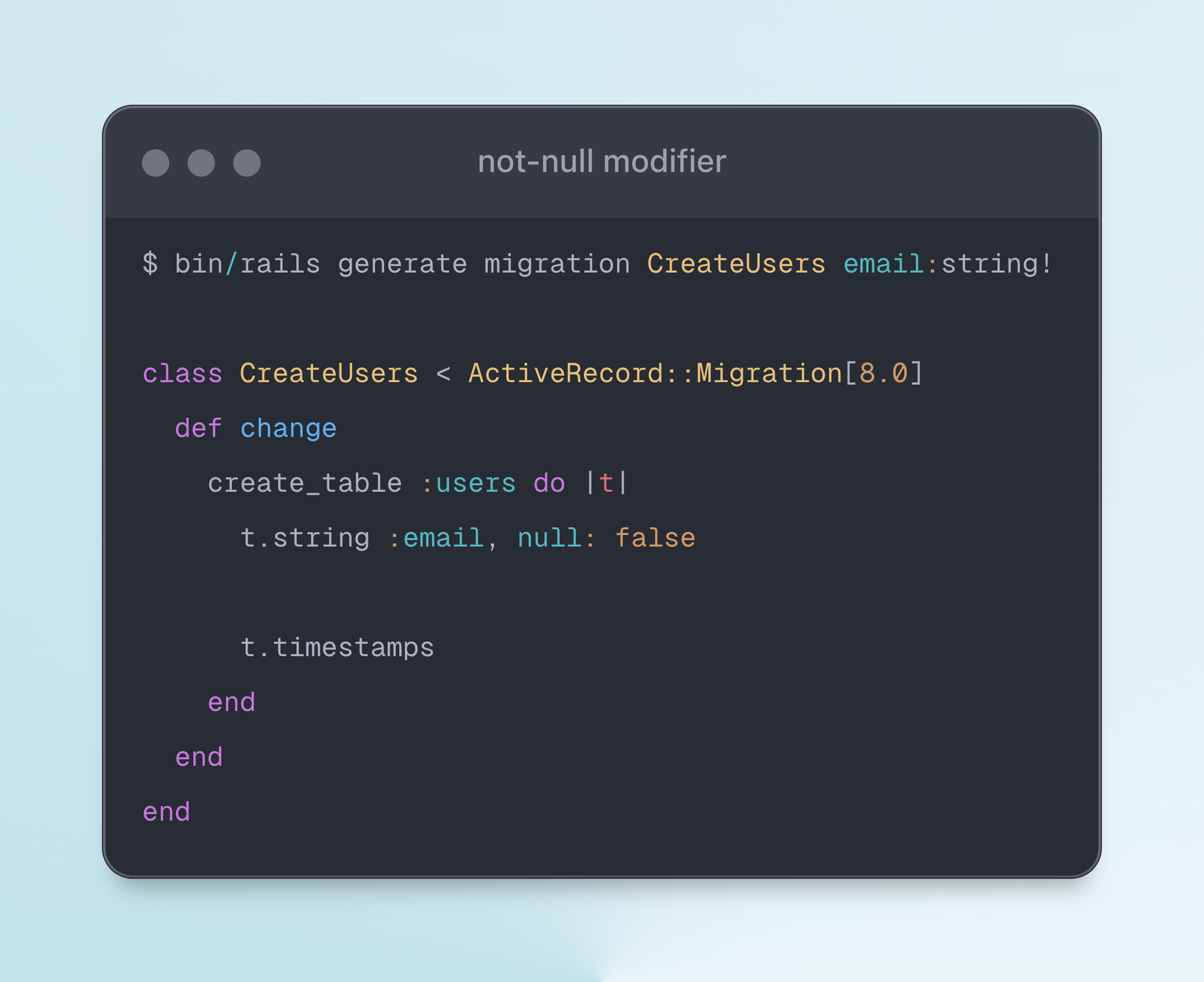 Not-Null Shortcut in Rails 8 Migration Generator