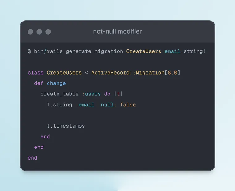 Rails 8 not-null modifier in migration generator
